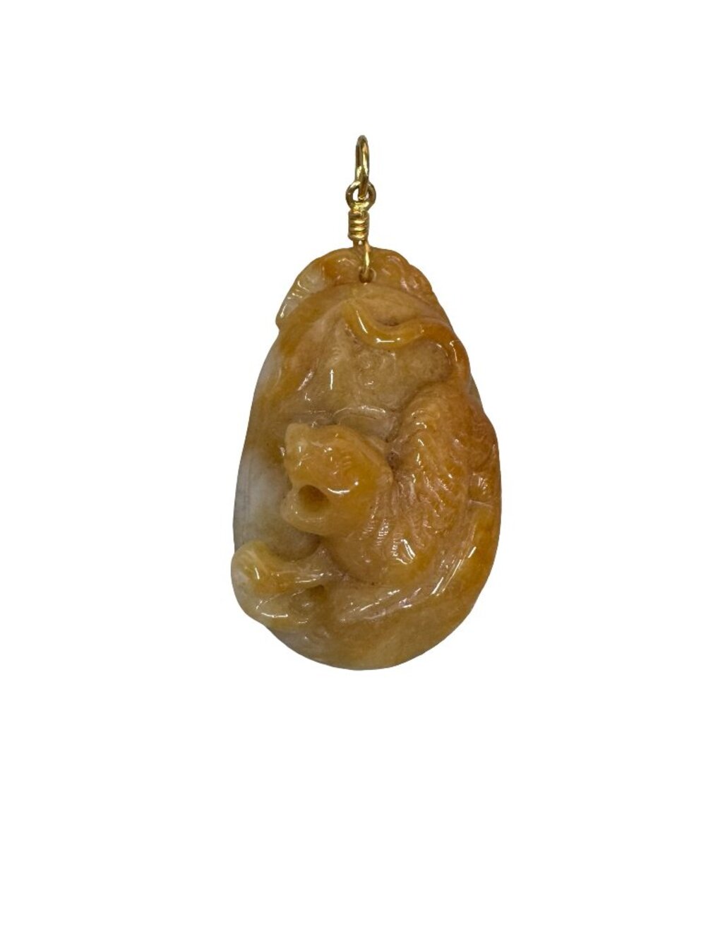 Vintage Hand Carved Yellow Jade Lion Tiger Pendant 18K Gold Bail 1.5" Statement